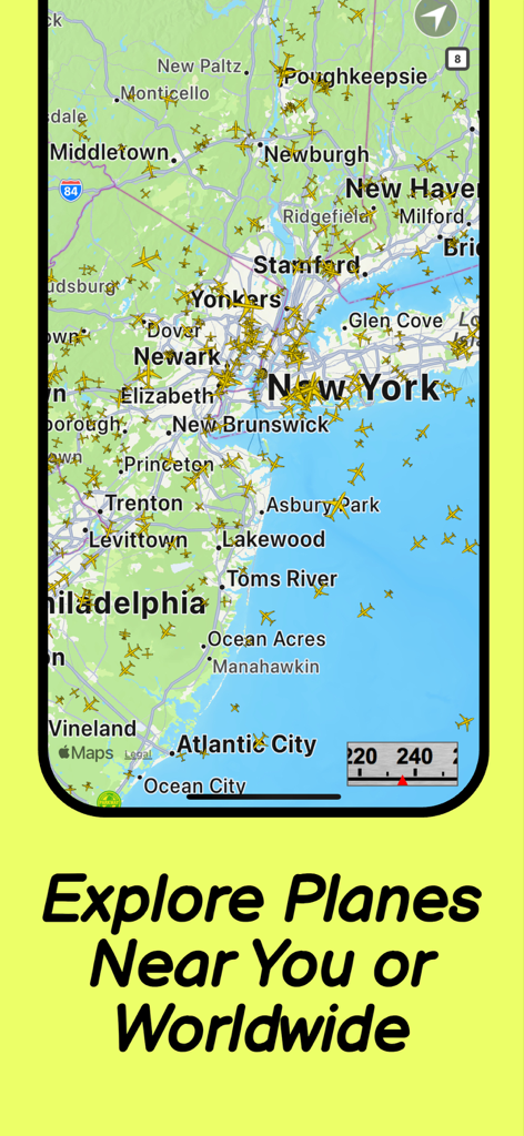 ニューヨーク上空のリアルタイム航空機位置を示すリアルタイムフライトレーダーマップ
