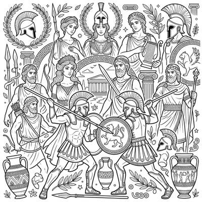 Immerse yourself in the epic tales of ancient Greece with this intricate Trojan War figures coloring page. Discover legendary heroes, powerful gods, and dramatic battle scenes awaiting your creative touch.