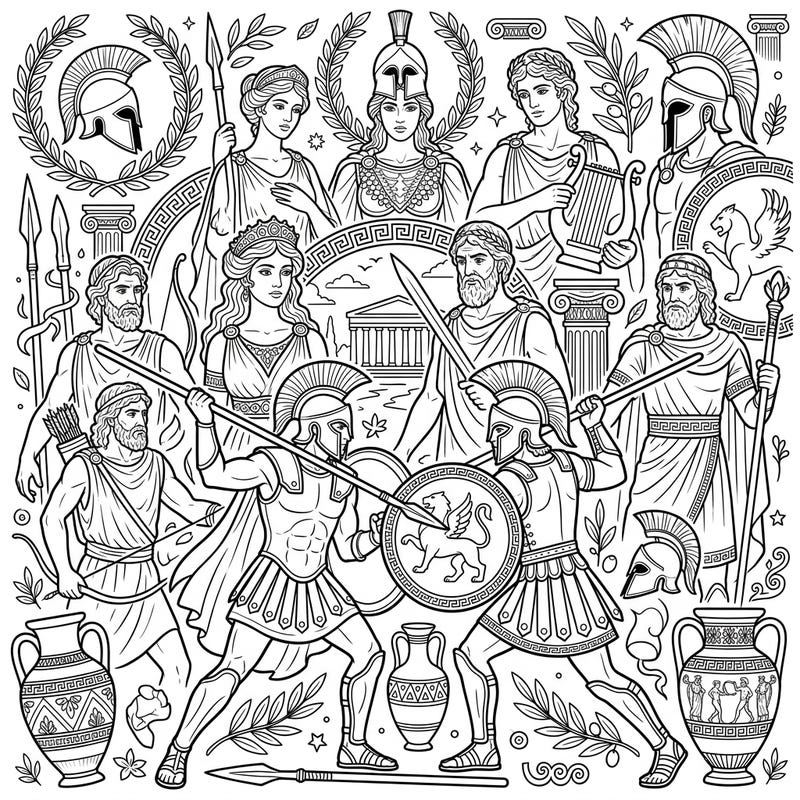 Immerse yourself in the epic tales of ancient Greece with this intricate Trojan War figures coloring page. Discover legendary heroes, powerful gods, and dramatic battle scenes awaiting your creative touch.