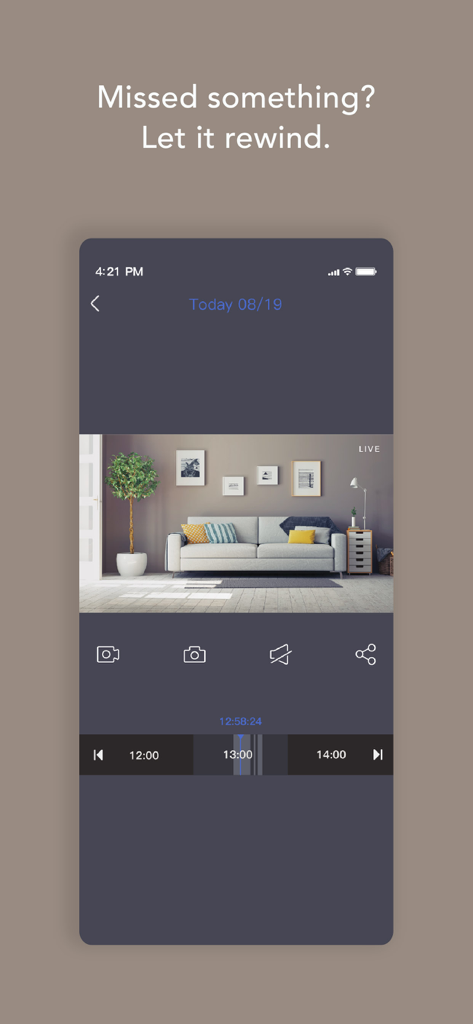Nooie - Nooie App-Oberfläche zum Zurückspulen und Ansehen von Überwachungskameraaufnahmen eines Wohnzimmers.