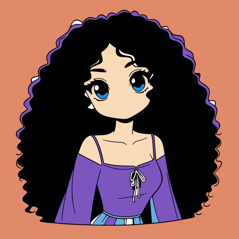 a black anime girl with long afro hair