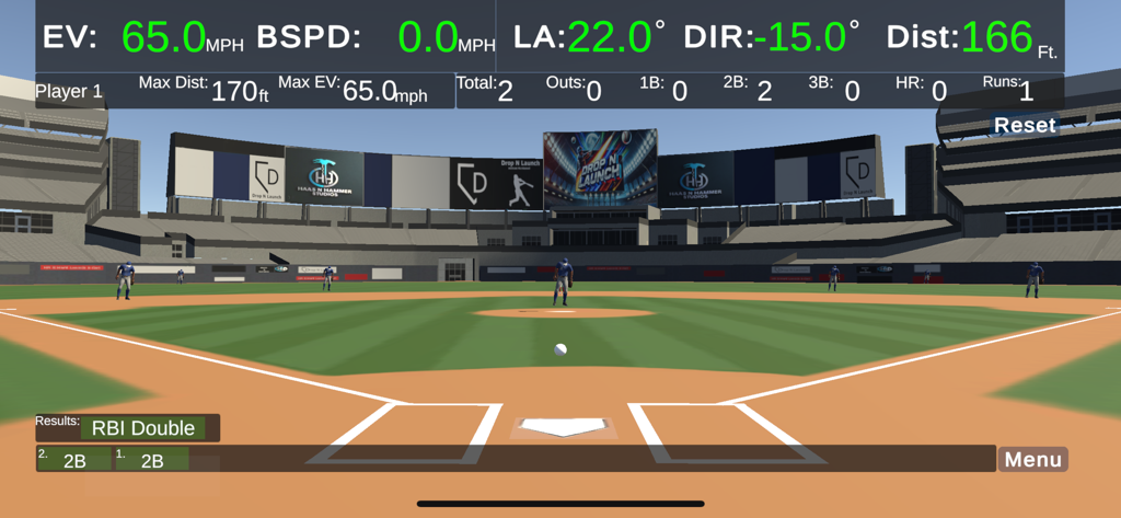 Drop N Launch - Drop N Launch app showing a 3D baseball stadium with hitting metrics including exit velocity and launch angle