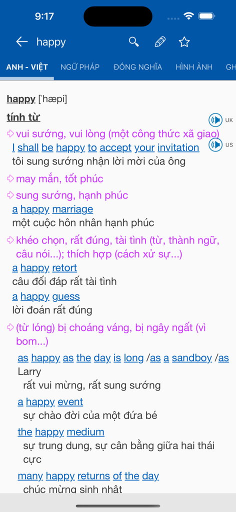 A mobile app screen showing the English word happy translated into Vietnamese with definitions and examples.
