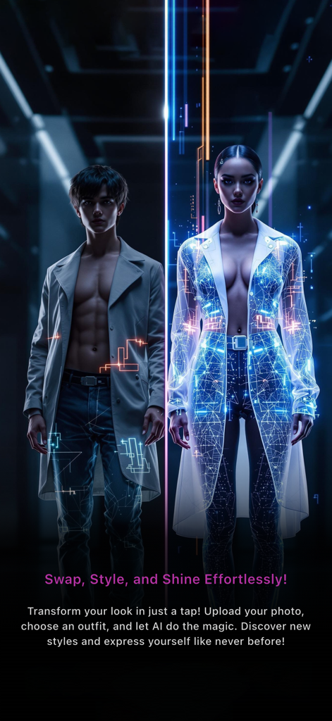 Outfit Fashn AI - Futuristic AI models showcasing virtual clothing transformations and styling features