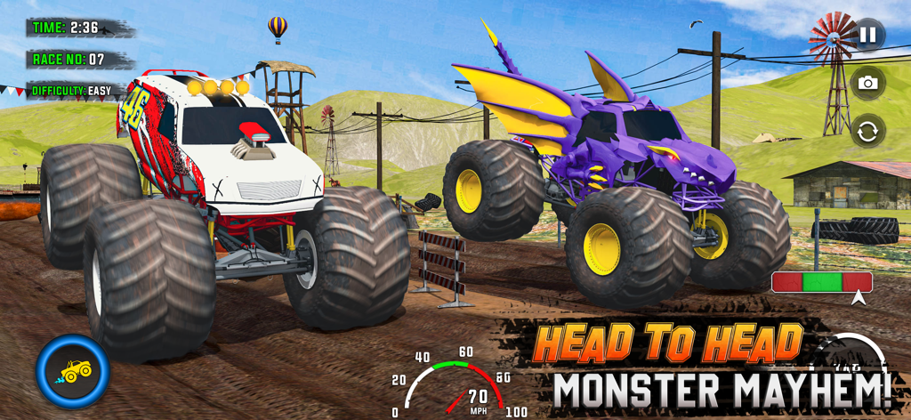 Monster Truck: Drag Race Clash - Dos monster trucks personalizados compitiendo en una carrera de aceleración cara a cara