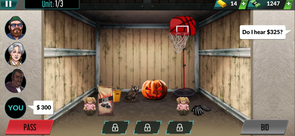 Gameplay screenshot of Bid Wars 2 showing a storage unit auction with various items and bidding interface