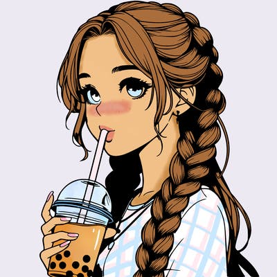 realistic girl with braided hair drinking boba