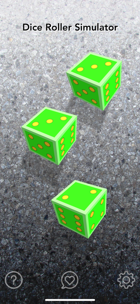 Dice Roller Simulator - Three green virtual dice displayed on a grey textured background in the Dice Roller Simulator app interface.