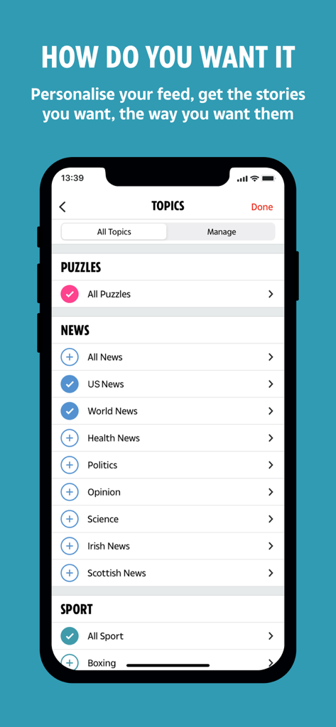 A smartphone interface showing how to personalize the news feed by selecting various topics like US news and world news.