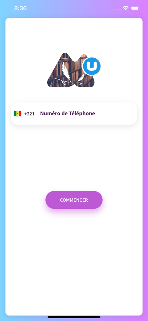 Manuel Universitaire - Login-Bildschirm der Manuel Universitaire App mit einem Feld für die Eingabe der Telefonnummer und einer Start-Schaltfläche