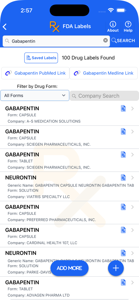 VetDrugs Veterinary Calculator - Schermata dall'app VetDrugs che mostra i risultati della ricerca di etichette di farmaci FDA per Gabapentin con dettagli sul produttore e sulla forma.