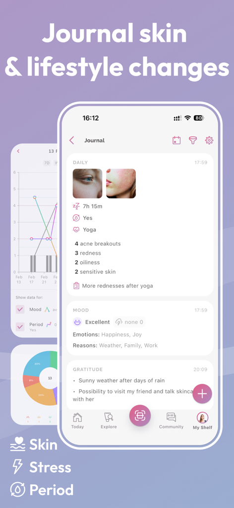 FeelinMySkin app journal interface tracking skin health and lifestyle changes