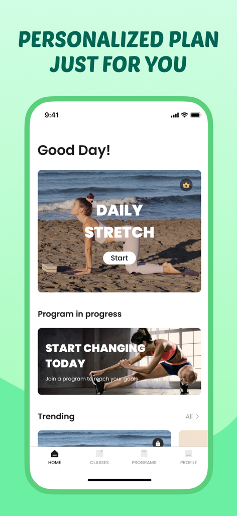 Stretch+Flexibility~Bend Flex - Pantalla de inicio de la aplicación Bend Flex que muestra rutinas personalizadas de estiramiento diario