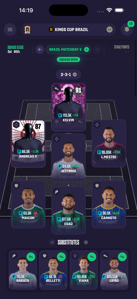 Kings League Fantasy - Kings League Fantasy mobile app screen showing a soccer squad lineup and substitutes for Kings Cup Brazil