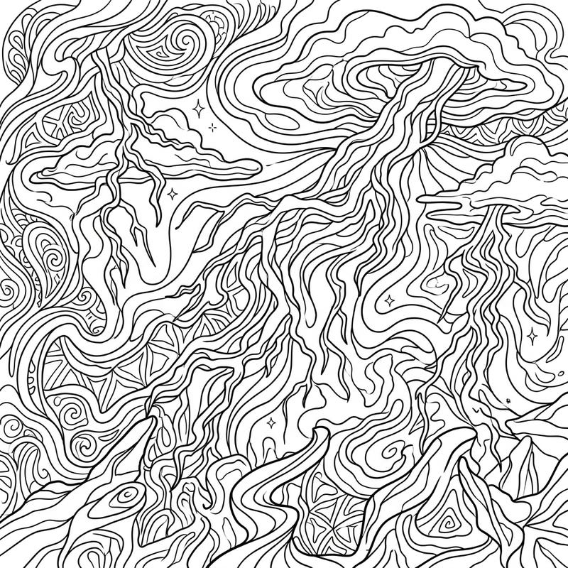 Experience the electrifying beauty of nature with a psychedelic twist in this unique coloring template. Swirling patterns and striking dry lightning invite you to explore a world of vibrant imagination.