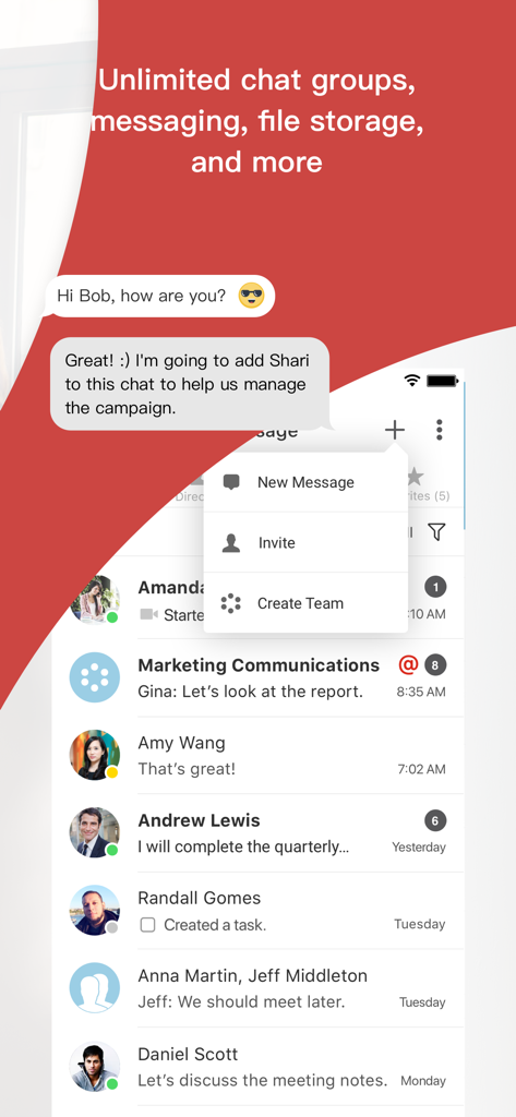 Avaya Cloud Office - Interface of the Avaya Cloud Office app showing team messaging and chat group features