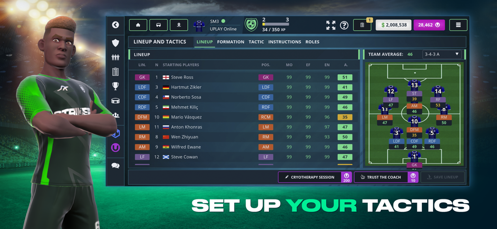 Striker Manager 3 - Striker Manager 3 game interface showing soccer team lineup and tactical formation on a pitch