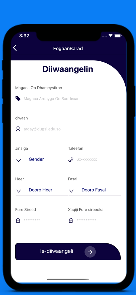 Registration page for the FogaanDersi educational app in Somali language