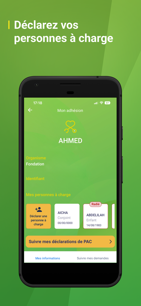 Sanlam Maroc - Mobile app interface of Sanlam Maroc for managing and declaring insurance dependents.