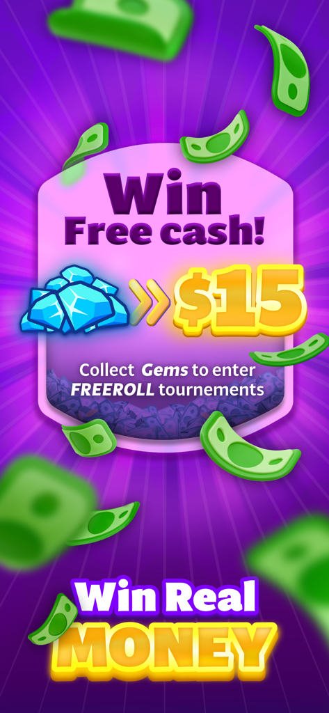 Promotional graphic for Pool Win Cash app showing a 15 dollar prize and instructions to collect gems to enter freeroll tournaments
