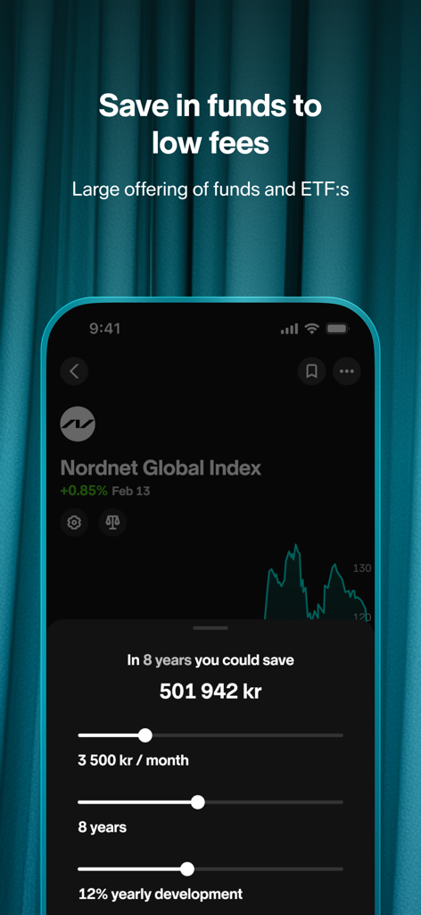 Nordnet: Stocks & Funds - Nordnetモバイルアプリの画面に、毎月の貯蓄額と投資期間のスライダーを調整できる、グローバルインデックスファンドの貯蓄予測計算機が表示されている