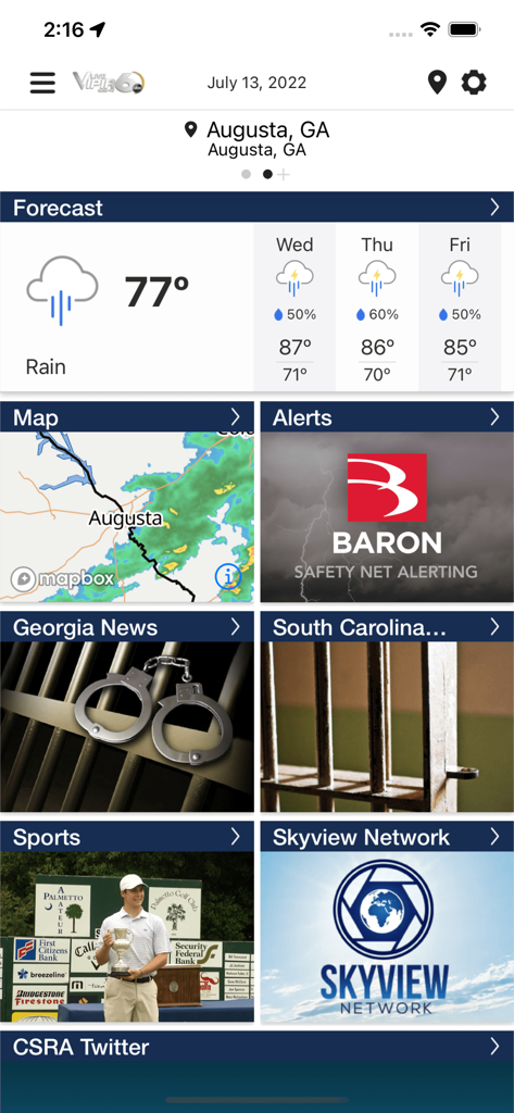 WJBF Vipir 6 Radar - The WJBF Vipir 6 app home screen displaying Augusta Georgia weather forecast radar map and local news tiles