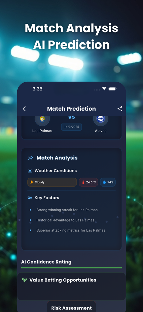 MatchIQ App-Screenshot mit KI-Fußballspielanalyse mit Wetter- und Teamleistungsfaktoren