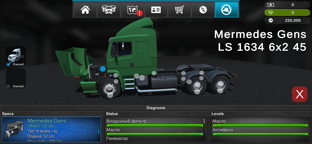 Grand Truck Simulator 2 gameplay showing the truck diagnosis screen with engine specs and mechanical maintenance status bars.