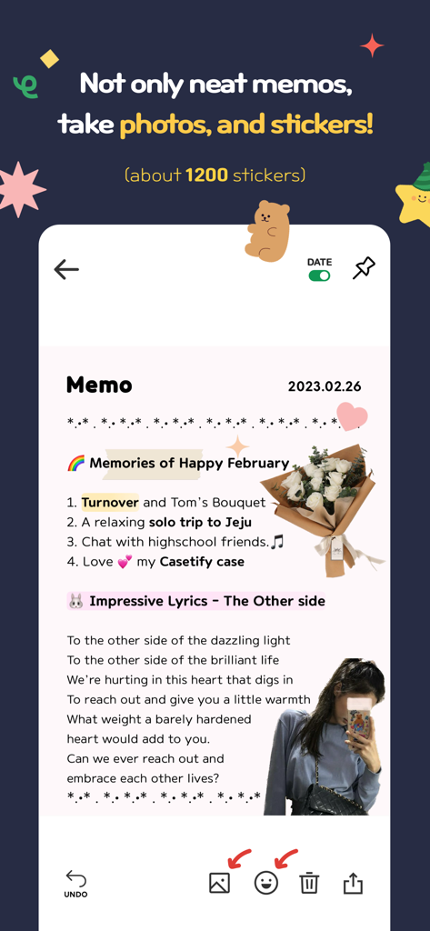 Memong - Aesthetic digital memo in Memong app decorated with photos and cute stickers