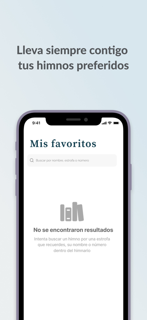 Himnos de Gloria - Pantalla de favoritos de la aplicación Himnos de Gloria con barra de búsqueda para himnos