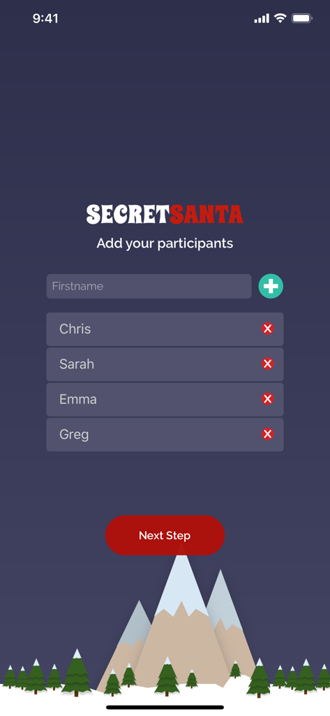 Interface of the Secret Santa app showing a list of participants being added for a gift exchange draw.
