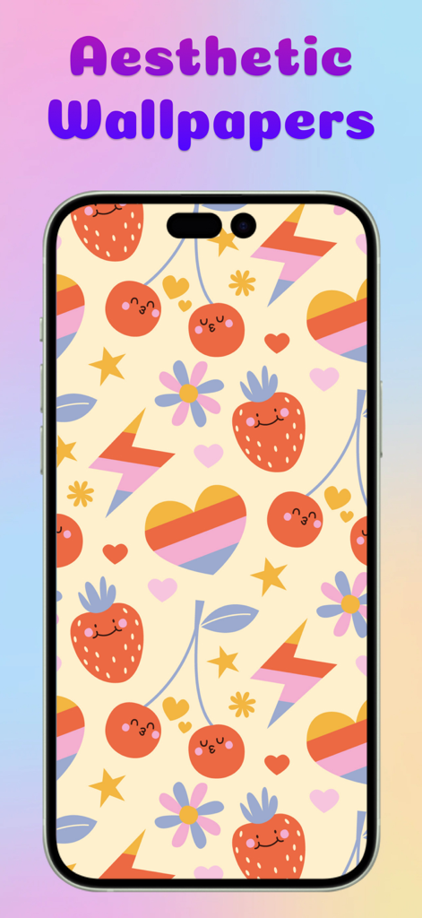 Preppy Wallpaper - Aesthetic - Pantalla móvil mostrando un fondo de pantalla estético preppy con lindos patrones de fresas y corazones
