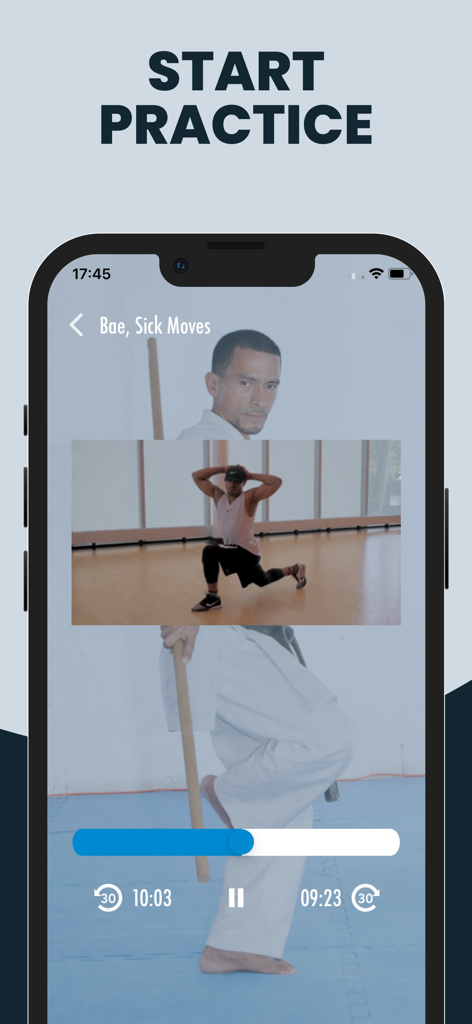 Mobile app interface for Mixed Martial Arts trainings showing a video of a trainer performing a lunge exercise during a practice session.