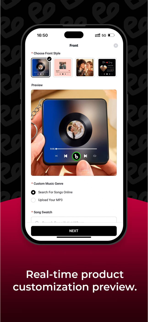 SOUFEEL - Personalized Gifts - Interface of the Soufeel app showing a real-time customization preview for a personalized music gift with a custom photo and song selection.
