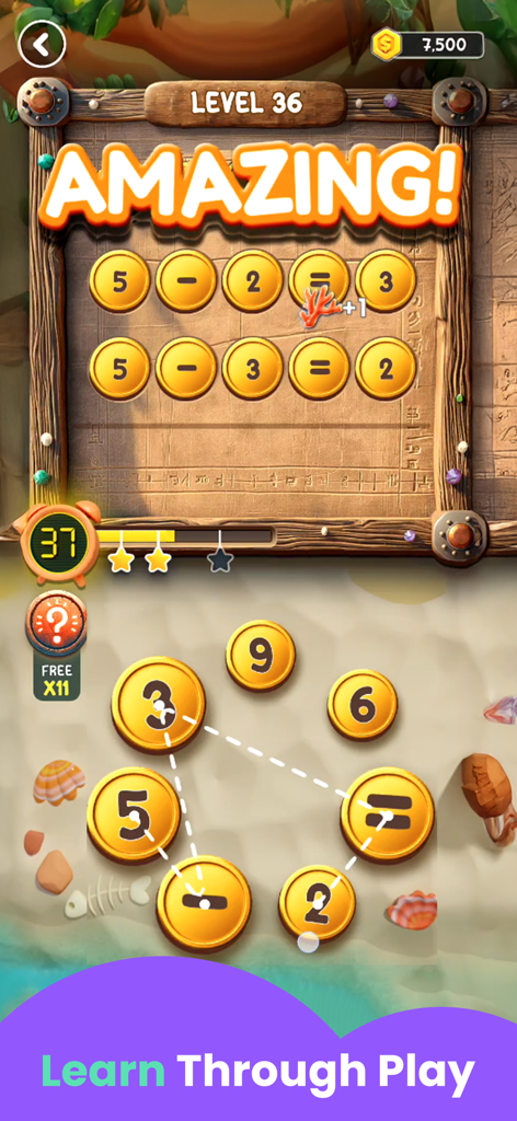 Math Puzzle Games for Kids - Subtraction equations on a wooden board in a beach-themed kids math game