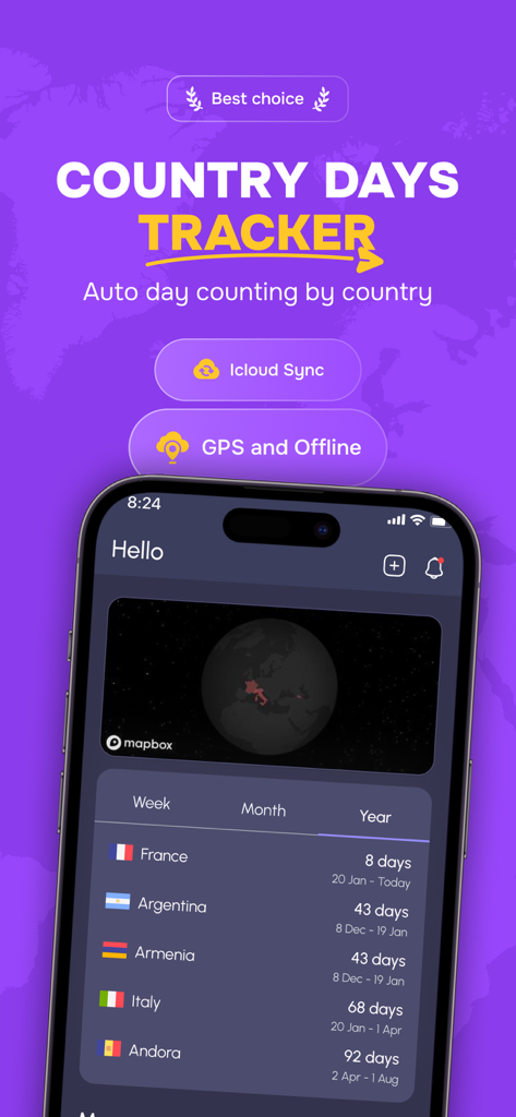 Travel Count - Country Tracker - Travel Count app interface displaying a list of countries with the number of days spent in each for travel tracking