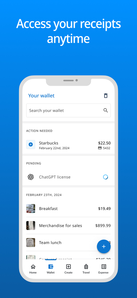 Emburse Enterprise app digital wallet interface displaying business receipts and pending expenses