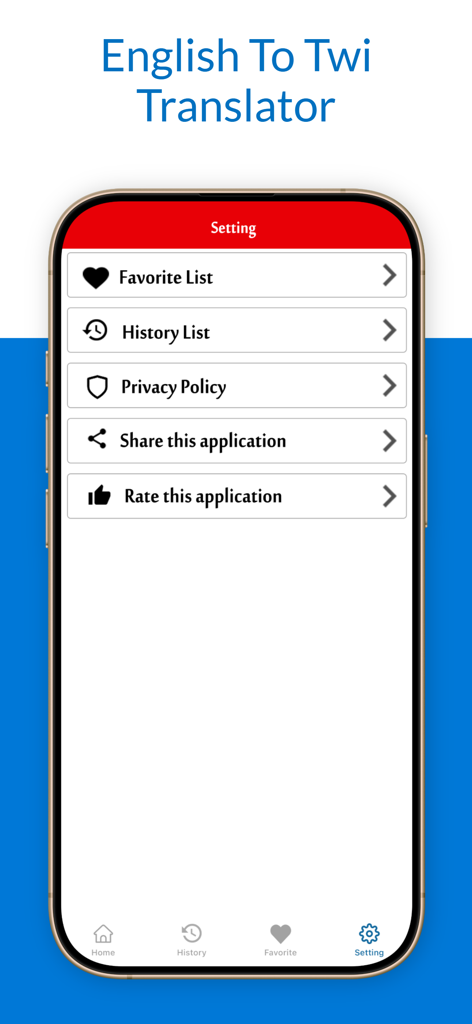 English To Twi Translator - Pantalla de configuración de la aplicación móvil Traductor de Inglés a Twi mostrando opciones de menú como Lista de Favoritos e Historial.