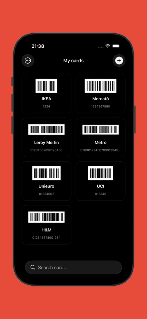 Kard - iPhone screenshot of Kard app showing a grid of saved loyalty cards with barcodes for quick scanning at checkout