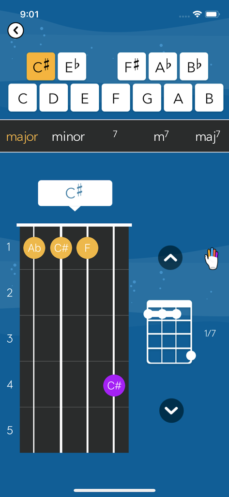 Ukulele fretboard diagram for a C sharp major chord in the Tunefor app interface