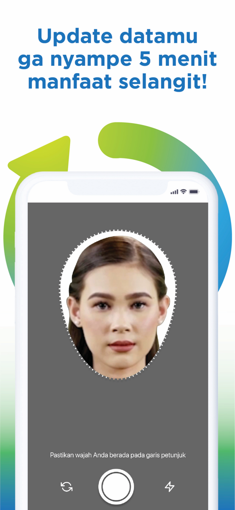 Tela de reconhecimento facial no aplicativo JMO Jamsostek Mobile para atualização rápida de dados