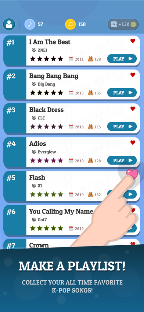 KPOP Tiles 2026 - 좋아하는 곡을 수집하고 플레이리스트를 만드는 방법을 보여주는 KPOP Tiles 2026 게임의 K-pop 곡 목록