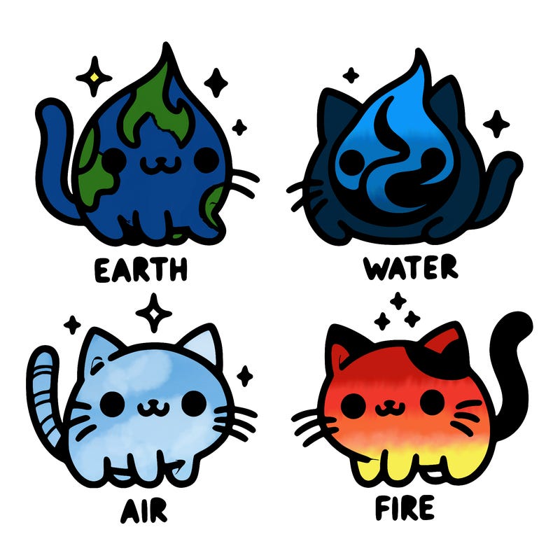 4 cats that represent the different elements, earth, water, air, and fire