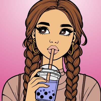 realistic girl with braided hair drinking boba