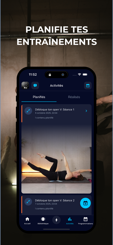 Interfaz de la aplicación Pole Therapy que muestra la planificación de entrenamientos y la pantalla de seguimiento de actividad