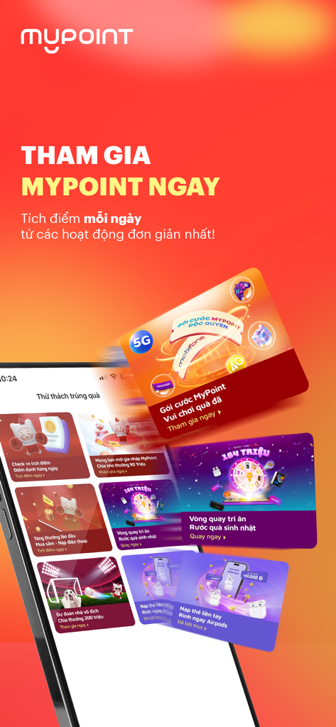 MyPoint: Tích điểm muôn nơi - Tela do aplicativo MyPoint exibindo várias recompensas de fidelidade e atividades de ganho de pontos em vietnamita