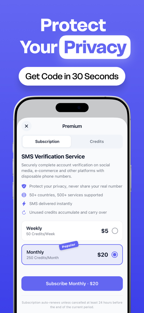Virtual Number -SMSVia - SMSVia premium subscription screen showing weekly and monthly pricing for virtual phone number verification services