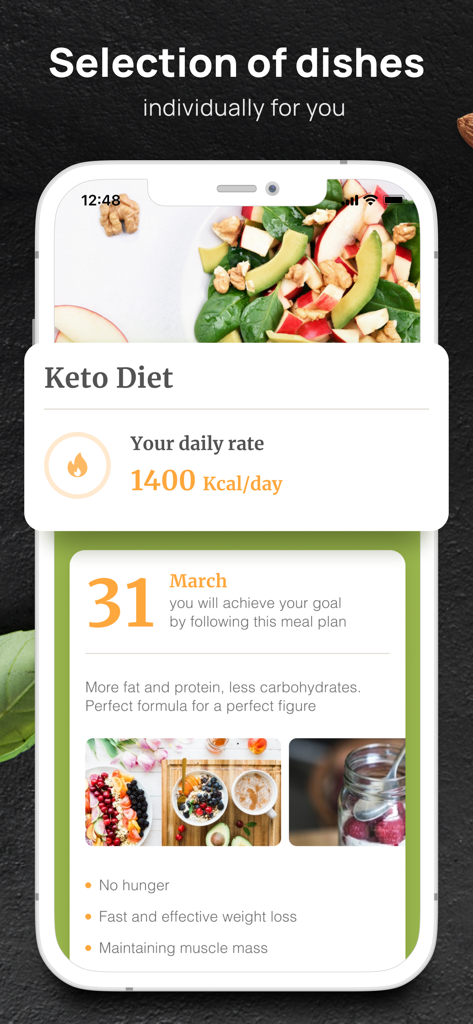 PEP: Keto - Diet plan tracker - Interfaz de la aplicación móvil PEP Keto que muestra un objetivo de calorías diario personalizado de 1400 Kcal y los aspectos más destacados del plan de comidas.