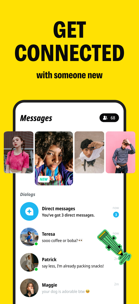 Befriend app interface showing chat messages and profiles of new friends