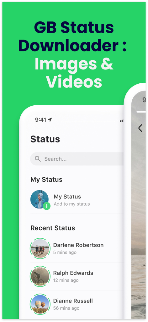 Gb Dual Messenger・Duo Web Chat - Interface d'application mobile montrant la fonction GB Status Downloader avec une liste de mises à jour récentes de contacts pour images et vidéos